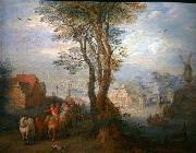 Jan Brueghel Peasants on a wagon near a river going through a village oil painting reproduction